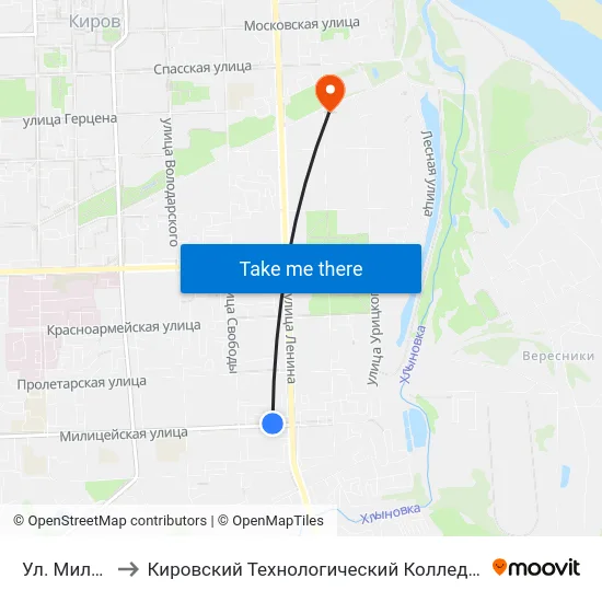 Ул. Милицейская to Кировский Технологический Колледж Пищевой Промышленности map