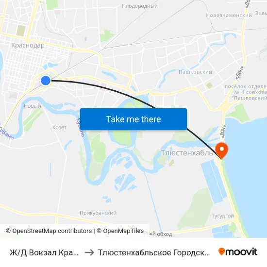 Ж/Д Вокзал Краснодар-1 to Тлюстенхабльское Городское Поселение map