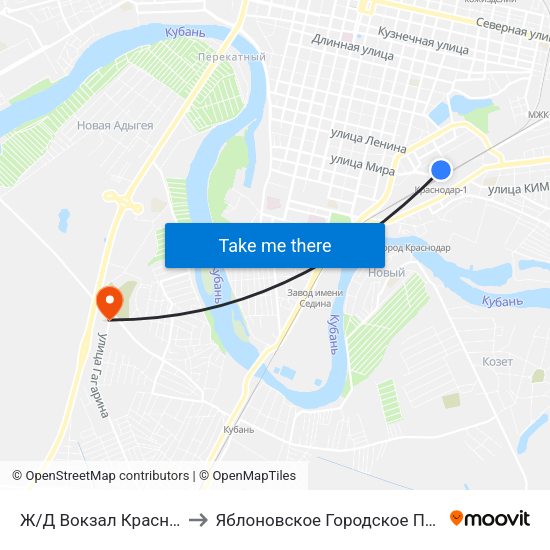 Ж/Д Вокзал Краснодар-1 to Яблоновское Городское Поселение map