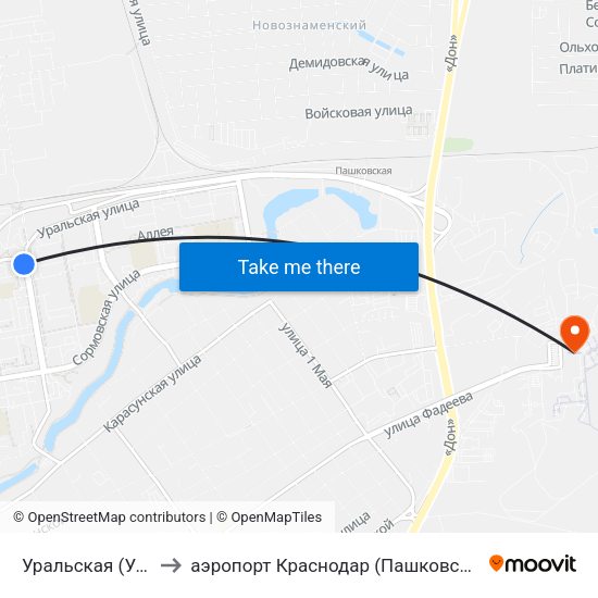Уральская (Ул. Тюляева) to аэропорт Краснодар (Пашковский) имени Екатерины II map