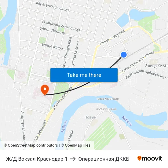 Ж/Д Вокзал Краснодар-1 to Операционная ДККБ map