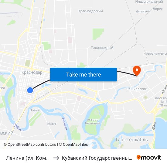 Ленина (Ул. Коммунаров) to Кубанский Государственный Университет map