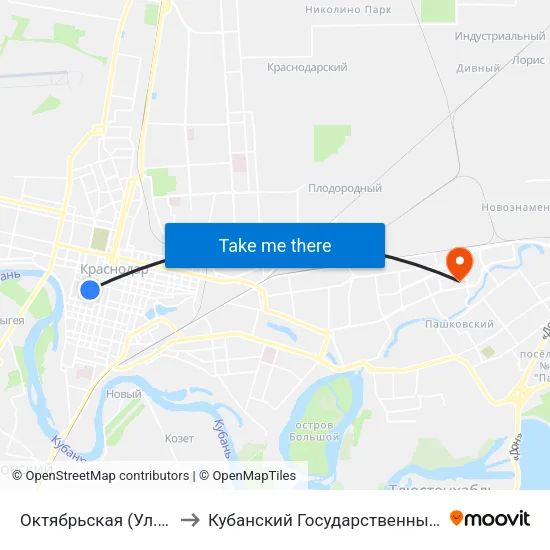 Октябрьская (Ул. Горького) to Кубанский Государственный Университет map