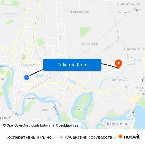 Кооперативный Рынок (Ул. Коммунаров) to Кубанский Государственный Университет map