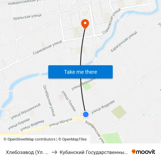 Хлебозавод (Ул. Фадеева) to Кубанский Государственный Университет map