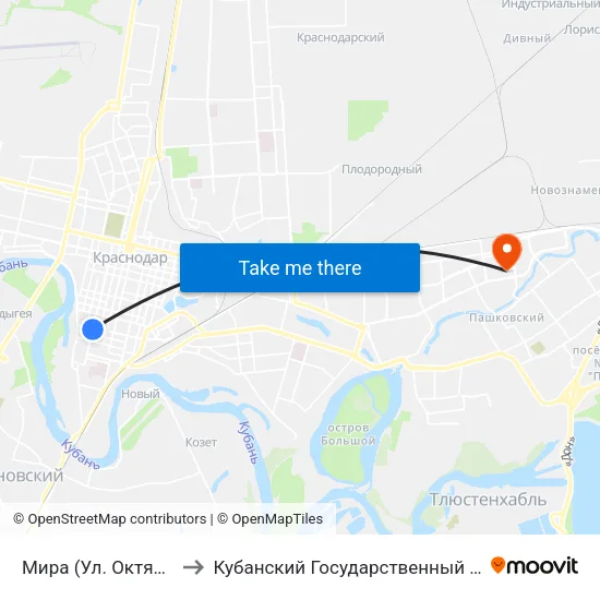 Мира (Ул. Октябрьская) to Кубанский Государственный Университет map