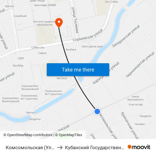 Комсомольская (Ул. Бершанской) to Кубанский Государственный Университет map