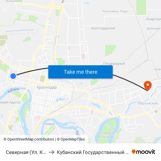 Северная (Ул. Каляева) to Кубанский Государственный Университет map