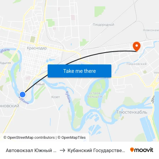 Автовокзал Южный (Ул. Береговая) to Кубанский Государственный Университет map