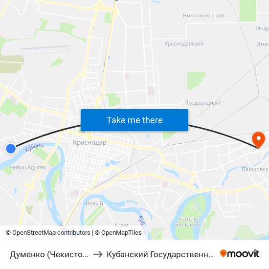 Думенко (Чекистов Проспект) to Кубанский Государственный Университет map