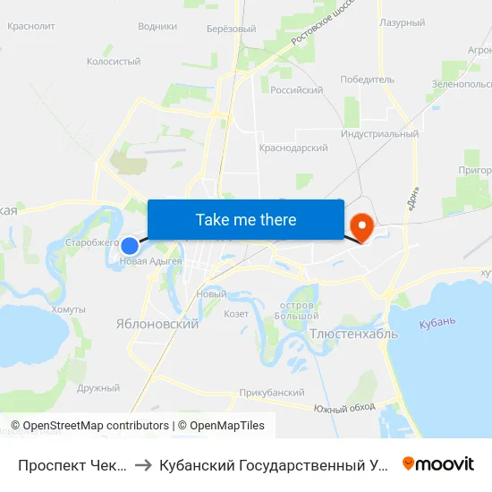 Проспект Чекистов to Кубанский Государственный Университет map
