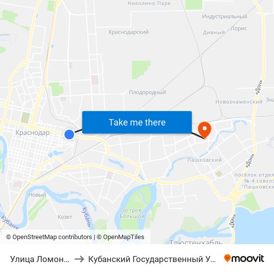 Улица Ломоносова to Кубанский Государственный Университет map