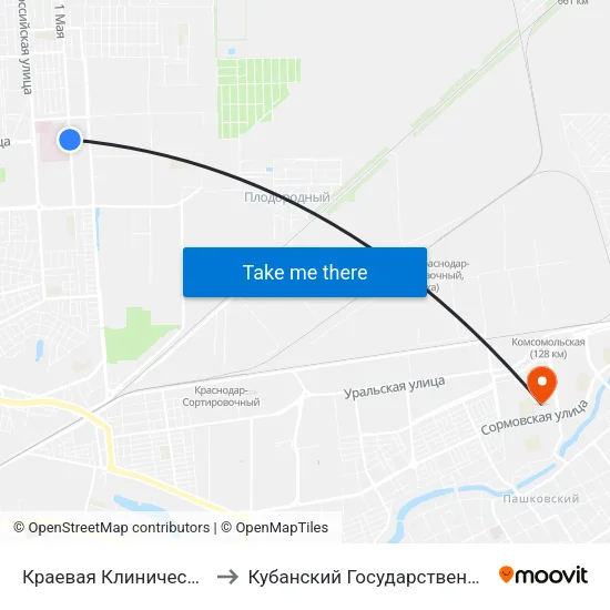 Краевая Клиническая Больница to Кубанский Государственный Университет map