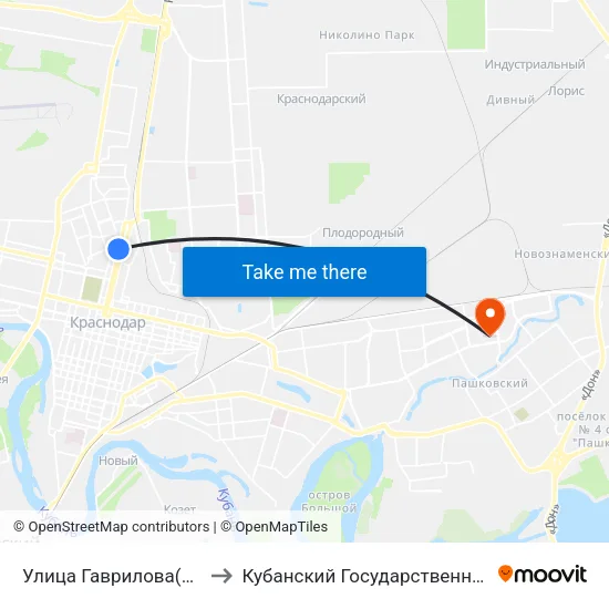 Улица Гаврилова(Краснодар2) to Кубанский Государственный Университет map