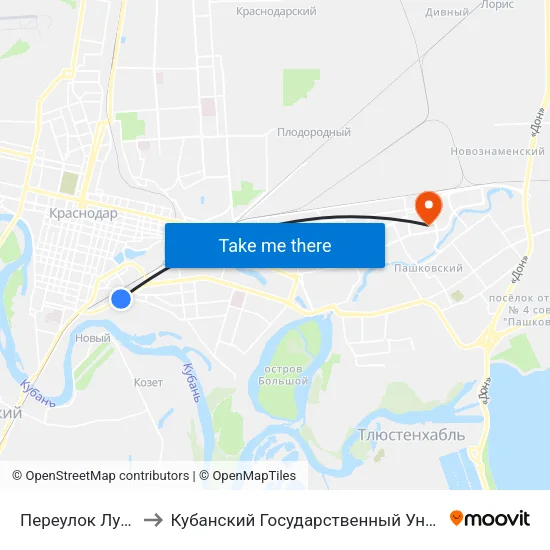 Переулок Лунный to Кубанский Государственный Университет map