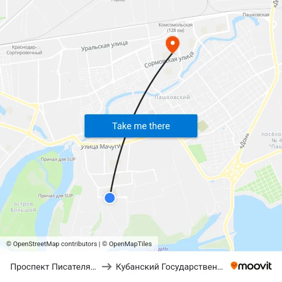 Проспект Писателя Знаменского to Кубанский Государственный Университет map