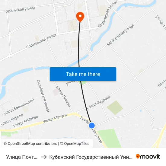 Улица Почтовая to Кубанский Государственный Университет map