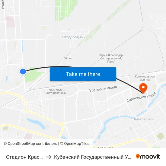 Стадион Краснодар to Кубанский Государственный Университет map