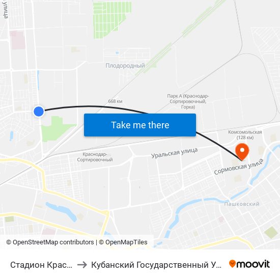 Стадион Краснодар to Кубанский Государственный Университет map