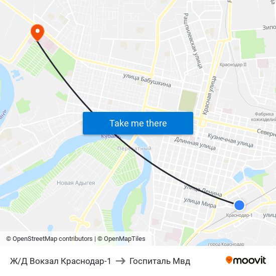 Ж/Д Вокзал Краснодар-1 to Госпиталь Мвд map