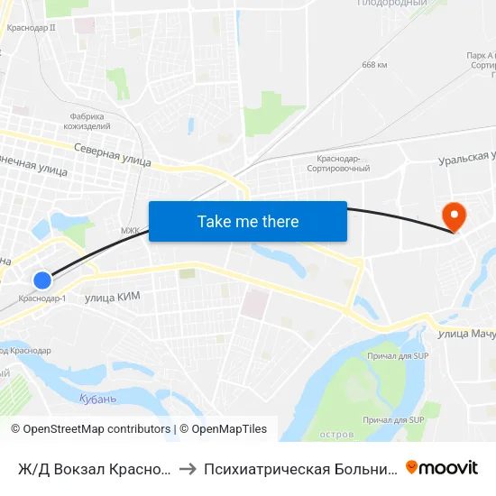 Ж/Д Вокзал Краснодар-1 to Психиатрическая Больница №7 map