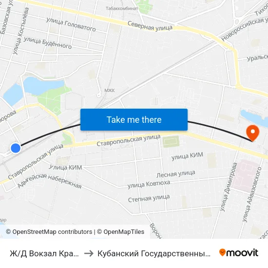Ж/Д Вокзал Краснодар-1 to Кубанский Государственный Университет map