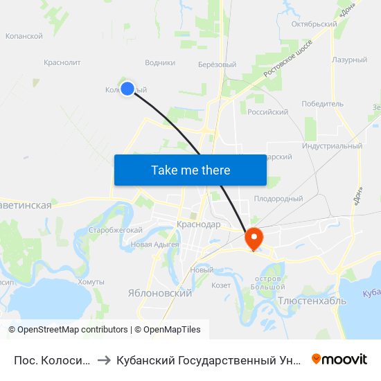 Пос. Колосистый to Кубанский Государственный Университет map