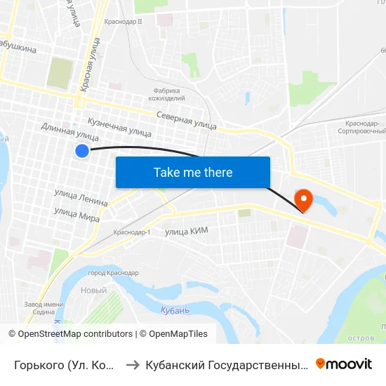 Горького (Ул. Коммунаров) to Кубанский Государственный Университет map