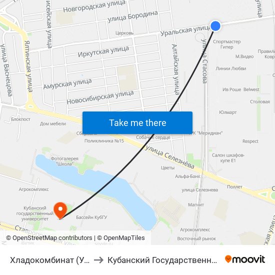 Хладокомбинат (Ул. Стасова) to Кубанский Государственный Университет map