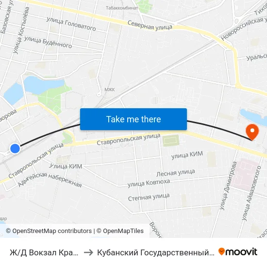 Ж/Д Вокзал Краснодар-1 to Кубанский Государственный Университет map
