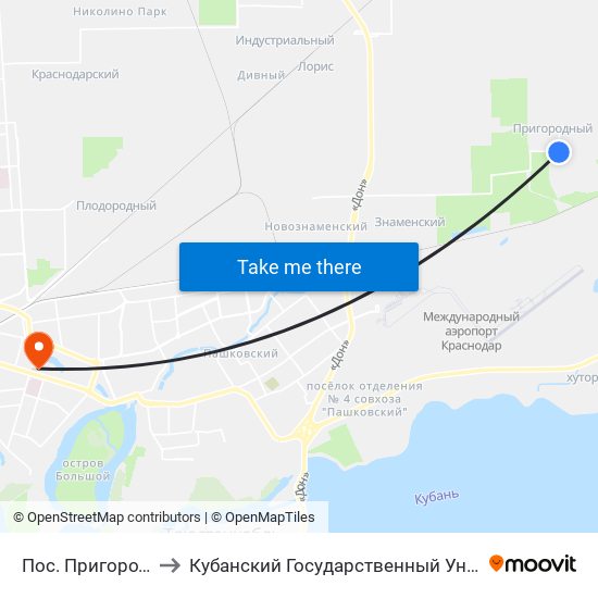 Пос. Пригородный to Кубанский Государственный Университет map