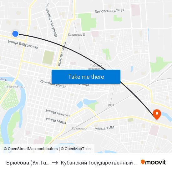 Брюсова (Ул. Гагарина) to Кубанский Государственный Университет map