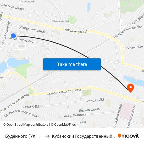 Будённого (Ул. Садовая) to Кубанский Государственный Университет map