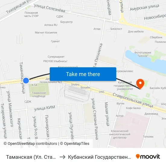 Таманская (Ул. Ставропольская) to Кубанский Государственный Университет map