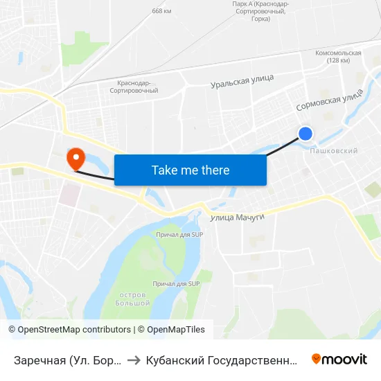 Заречная (Ул. Бородинская) to Кубанский Государственный Университет map