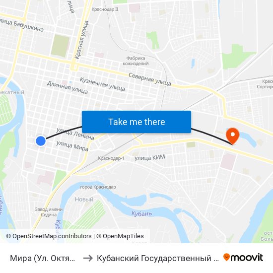 Мира (Ул. Октябрьская) to Кубанский Государственный Университет map