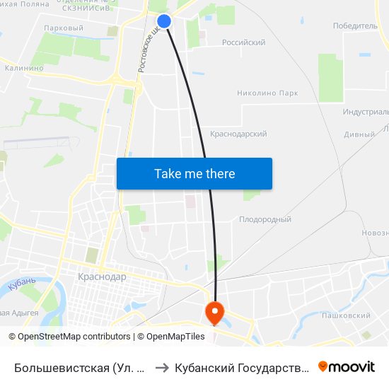 Большевистская (Ул. Ростовское Шоссе) to Кубанский Государственный Университет map