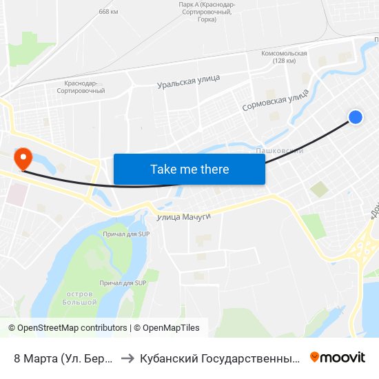 8 Марта (Ул. Бершанской) to Кубанский Государственный Университет map