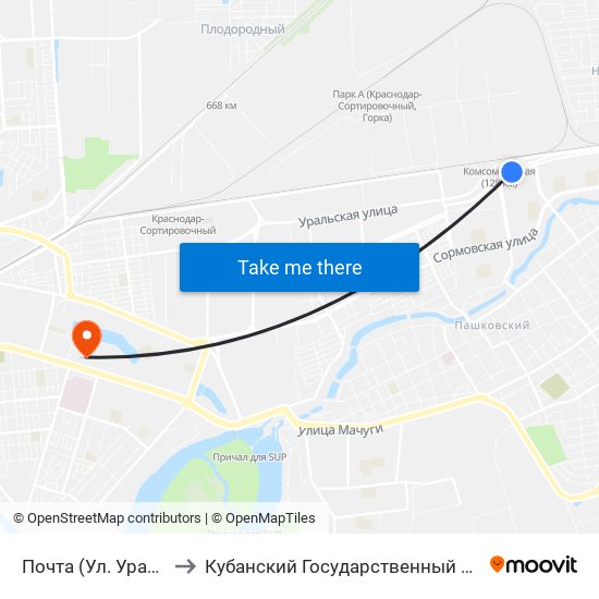 Почта (Ул. Уральская) to Кубанский Государственный Университет map