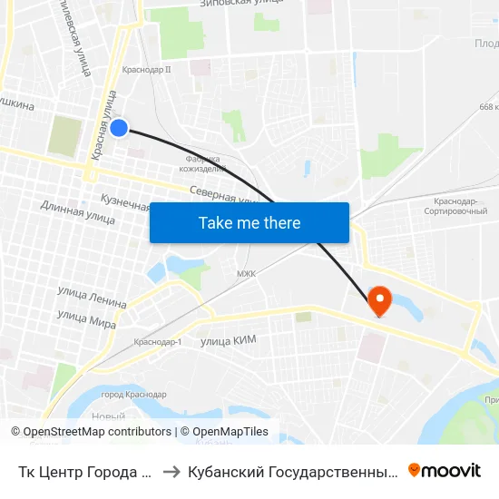 Тк Центр Города (Трамвай) to Кубанский Государственный Университет map