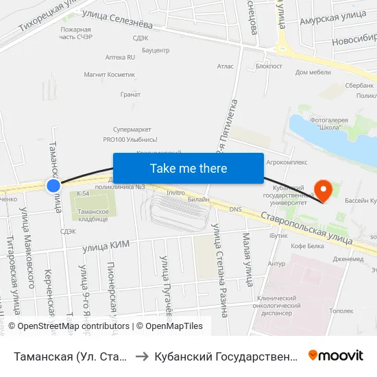 Таманская (Ул. Ставропольская) to Кубанский Государственный Университет map