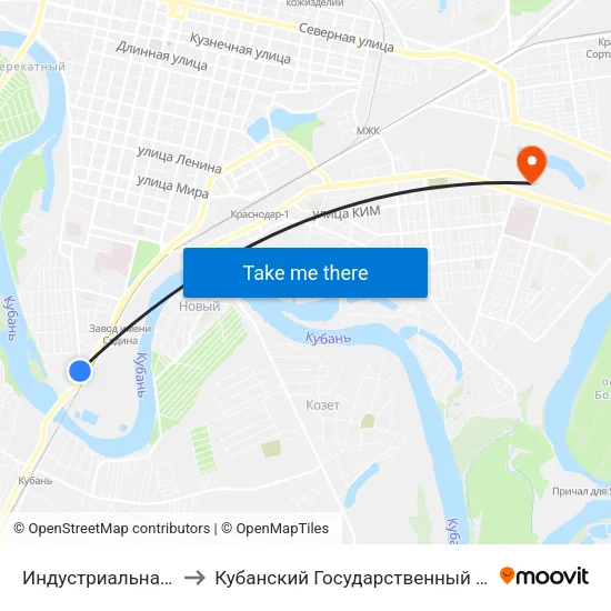 Индустриальная Улица to Кубанский Государственный Университет map