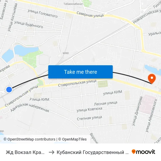 Жд Вокзал Краснодар1 to Кубанский Государственный Университет map