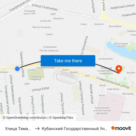 Улица Таманская to Кубанский Государственный Университет map