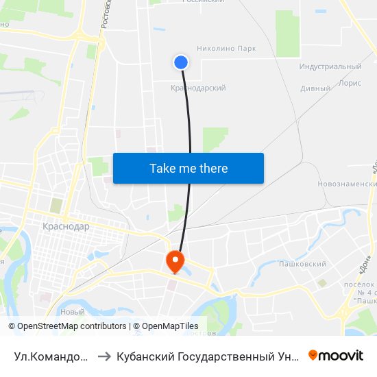 Ул.Командорская to Кубанский Государственный Университет map