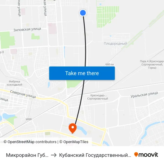 Микрорайон Губернский to Кубанский Государственный Университет map