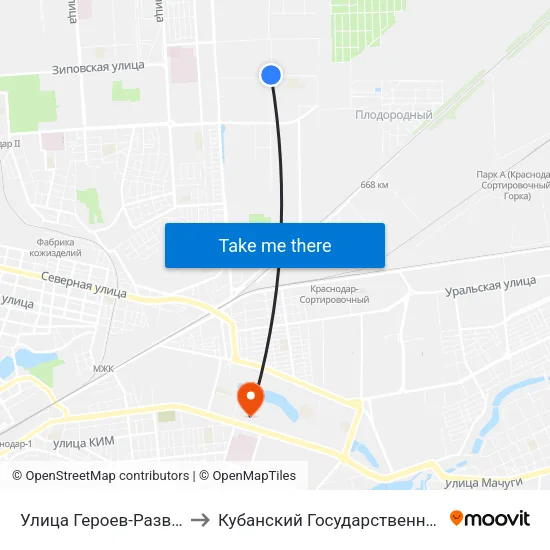 Улица Героев-Разведчиков, 28 to Кубанский Государственный Университет map
