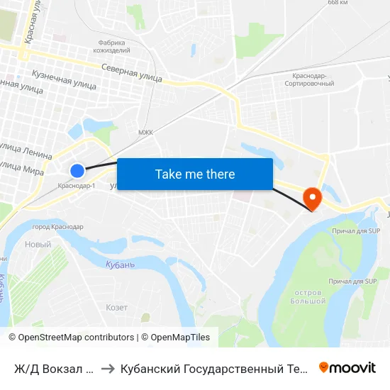 Ж/Д Вокзал Краснодар-1 to Кубанский Государственный Технологический Университет map