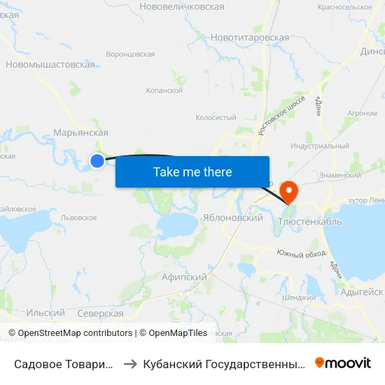 Садовое Товарищество Берег Кубани to Кубанский Государственный Технологический Университет map