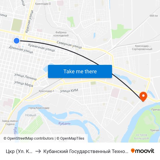 Цкр (Ул. Калинина) to Кубанский Государственный Технологический Университет map
